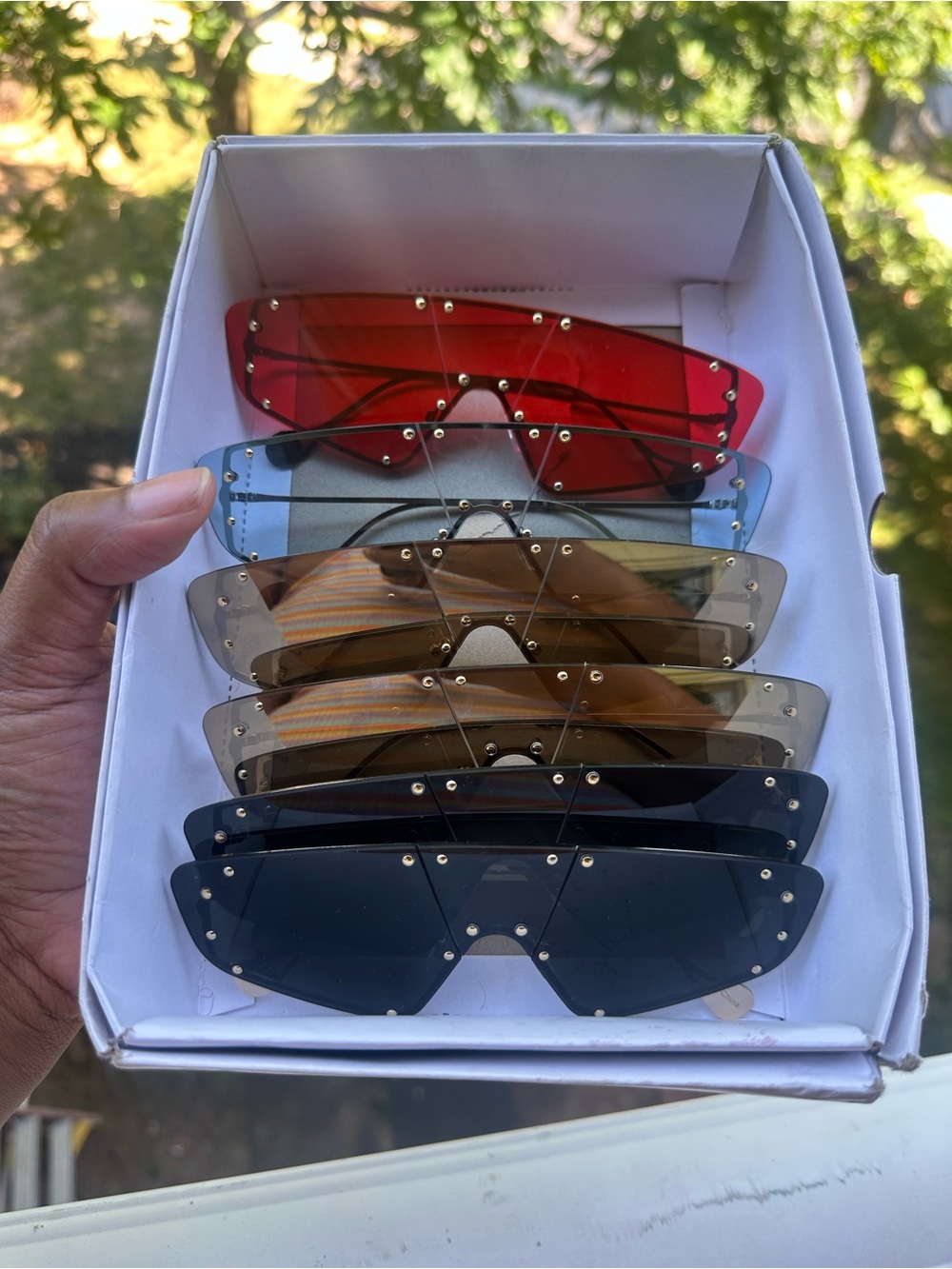 Rimless Shield Sunglasses Pack — Black, Brown, Blue, Red Lenses